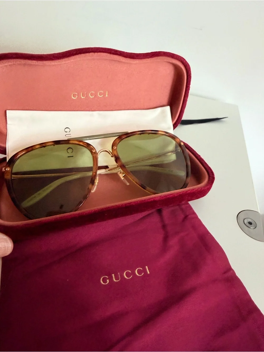 Gucci Tortoiseshell Frame Sunglasses with Olive Green Lenses
